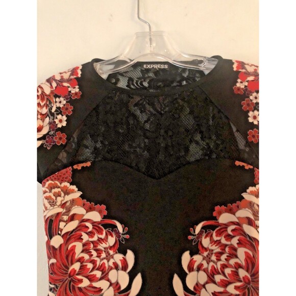 Express Dress Black Red 2  Floral Lace Bodice & Lace Back Sheath Asian Design - Picture 4 of 6